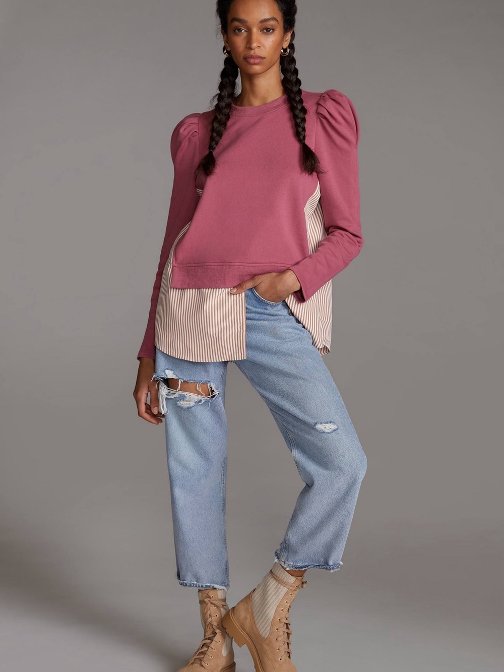 Maeve by Anthropologie Mixed Media Puff Sleeve Sweatshirt Medium